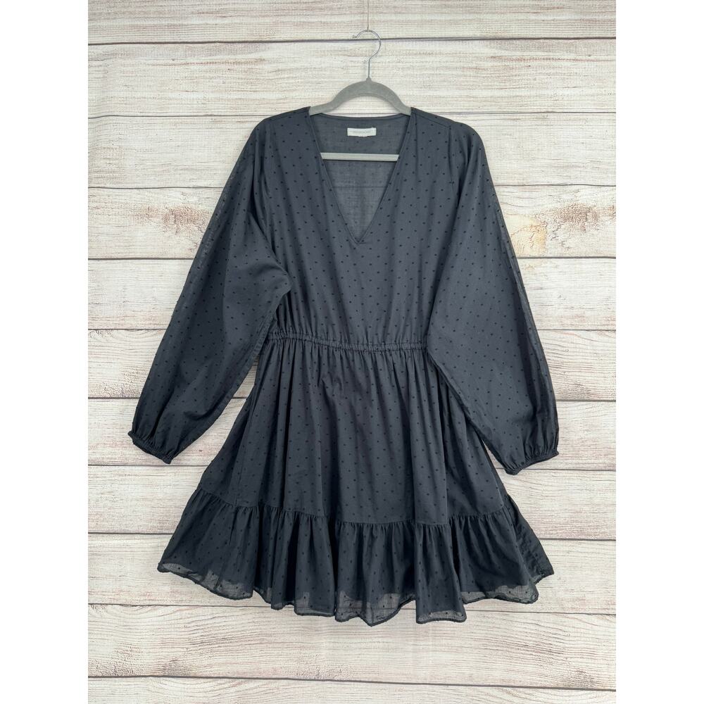 Outerknown Swiss Dot Organic Cotton Fit and Flare Dress Womens M Black V-Neck